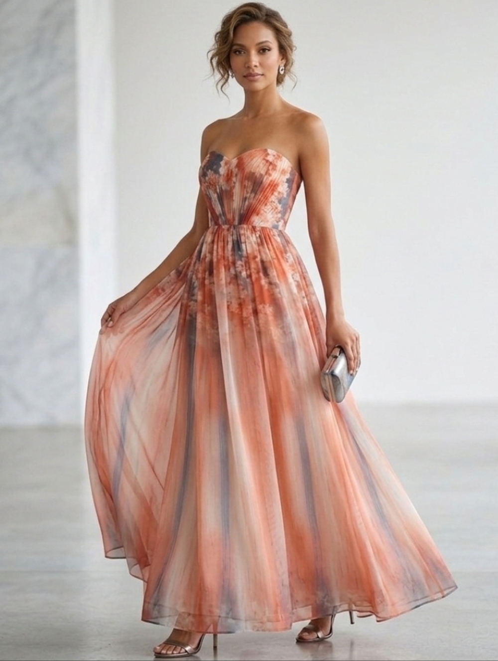 Little Mistress Peach and Gray Strapless Floral Evening Gown